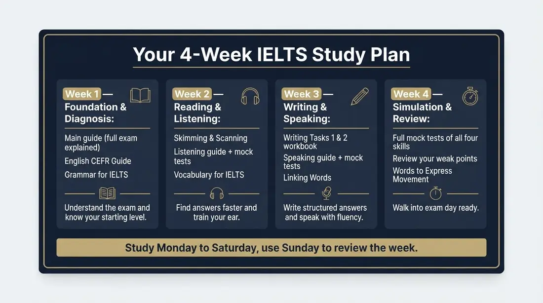 Your 4-Week IELTS Study Plan: foundation and diagnosis, reading and listening, writing and speaking, simulation and review
